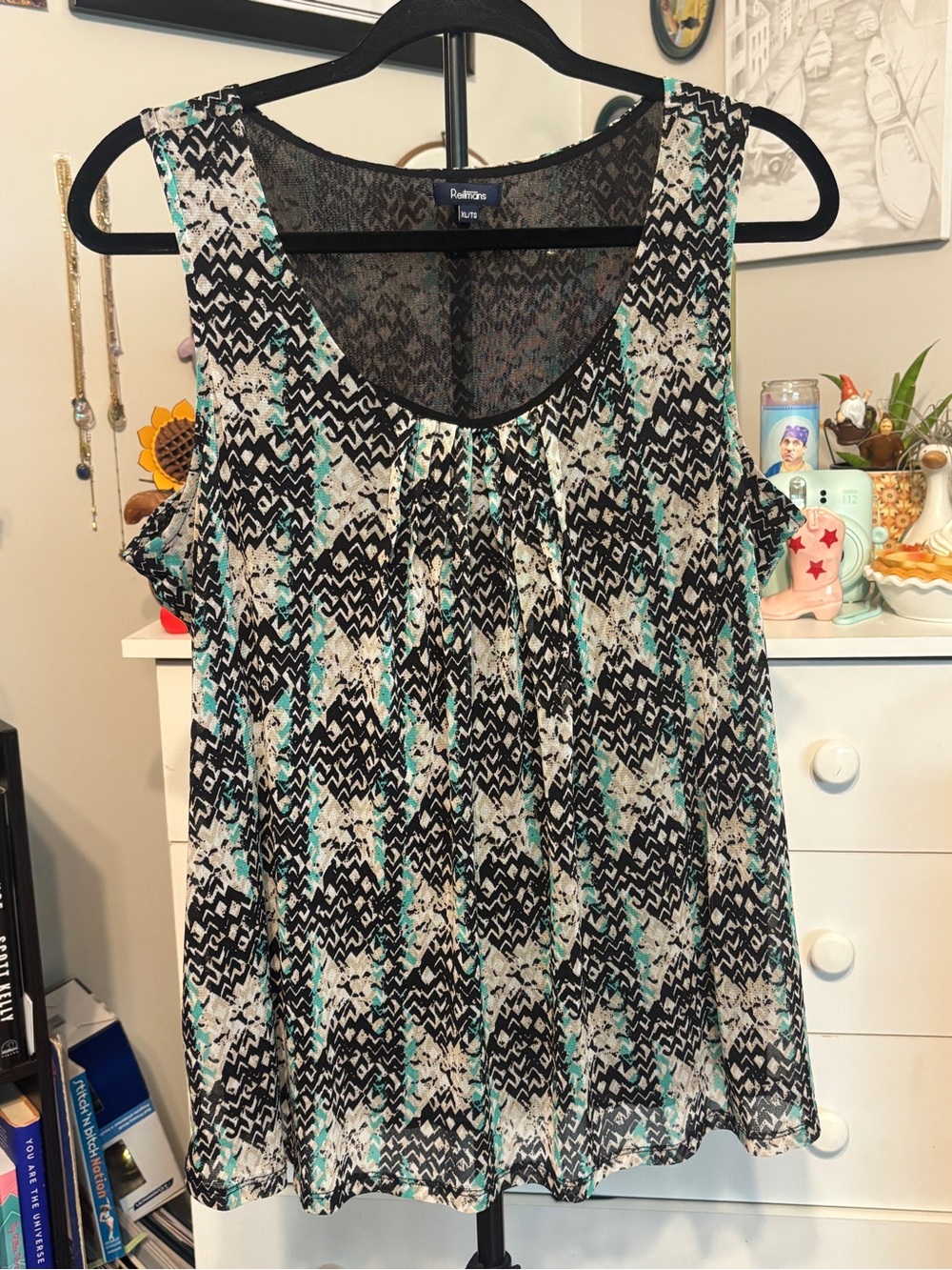 Sleeveless Printed Blouse in Black, White & Teal